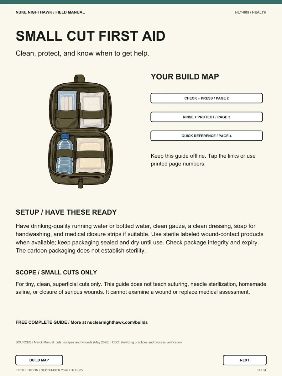 Illustrated small-cut first-aid kit on the four-page Nuke Nighthawk guide cover