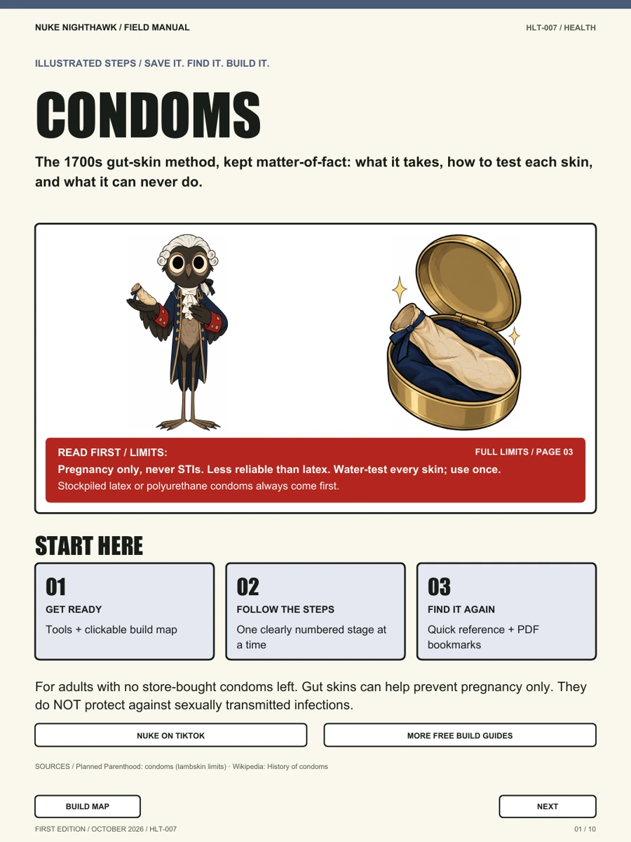 Nuke in a colonial coat beside a tin holding a gut skin, on the Condoms guide cover