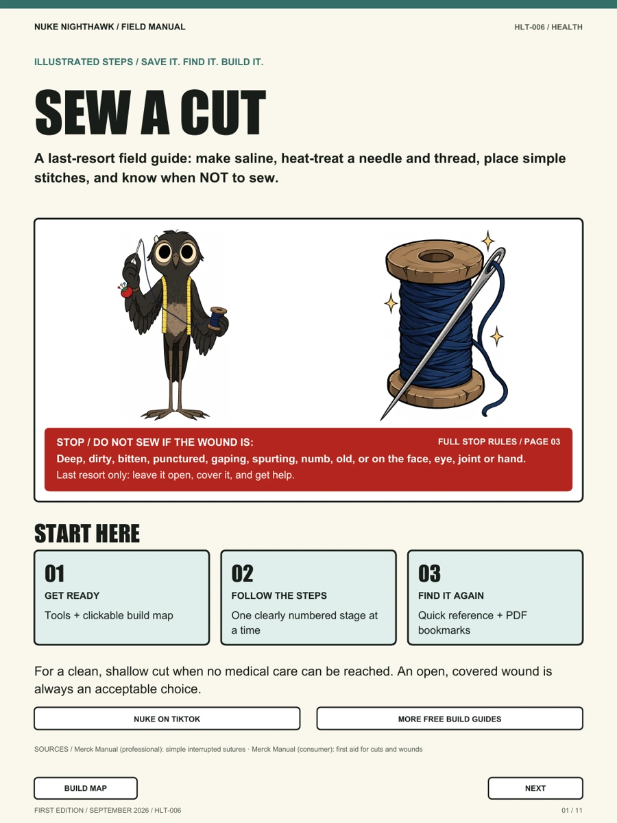 Nuke the tailor with needle and thread on the Sew a Cut guide cover, above a red stop-rules banner