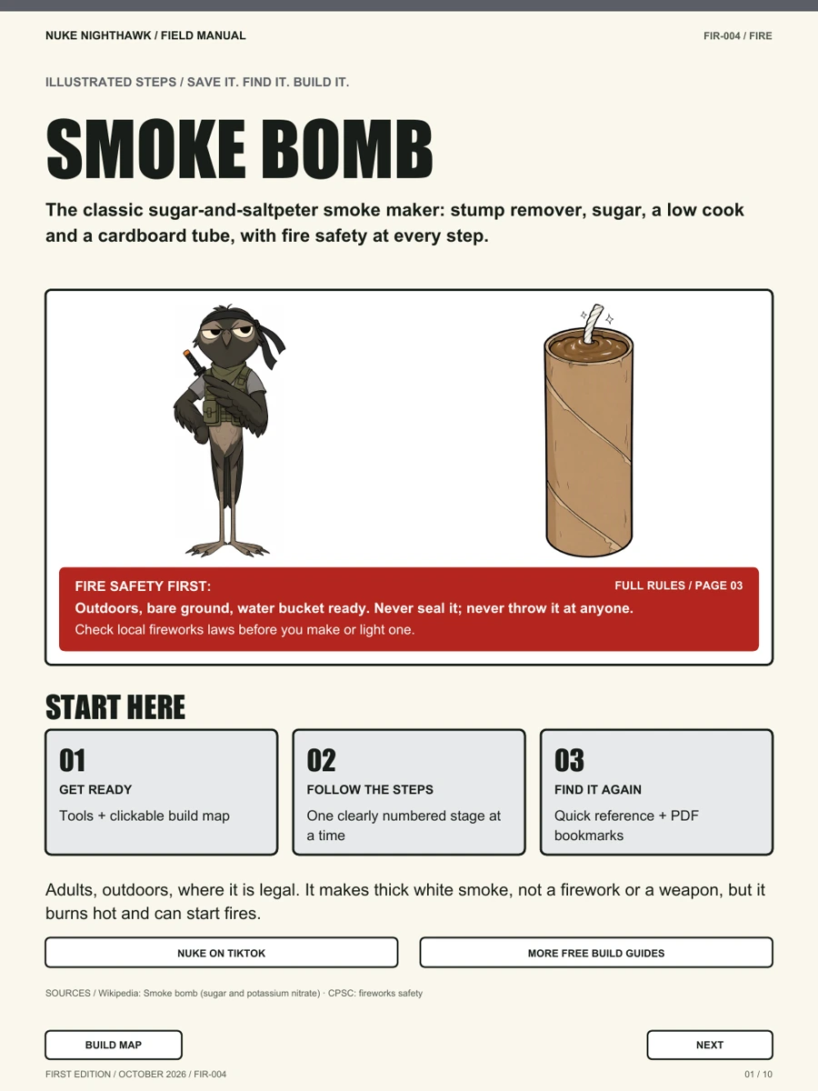 Nuke in a ninja headband beside a cardboard-tube smoke maker on the Smoke Bomb guide cover